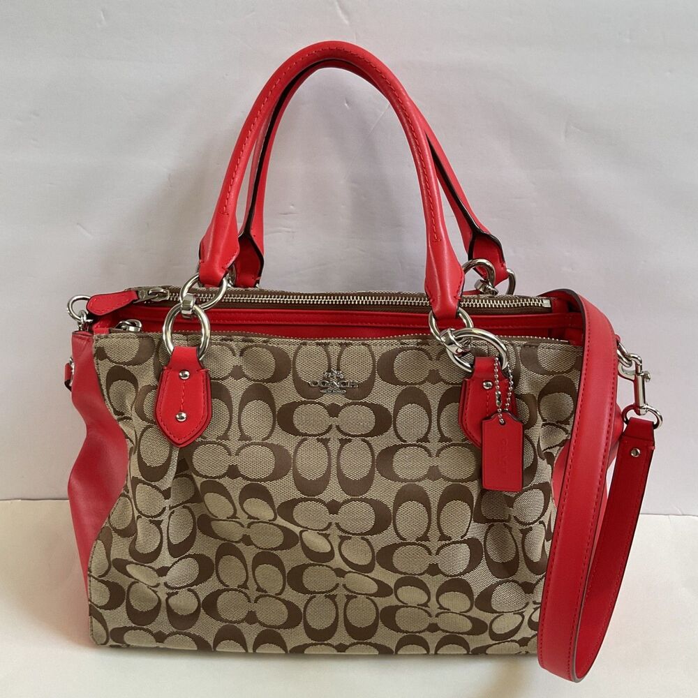 Coach 12CM Signature Colette Carryall Satchel Khaki/Cardinal 3 Compartments $425